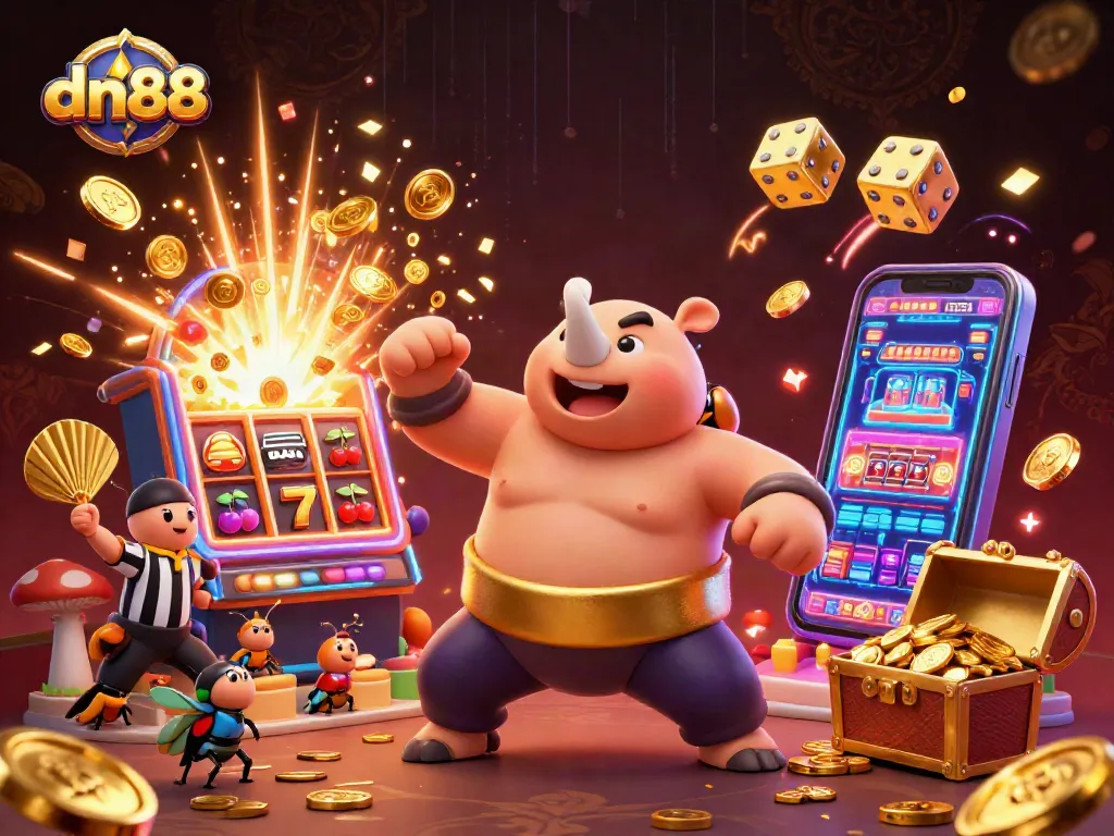 Experience thrilling play at dn88 with a dynamic scene featuring a casino atmosphere, energetic characters, and vibrant gaming elements.