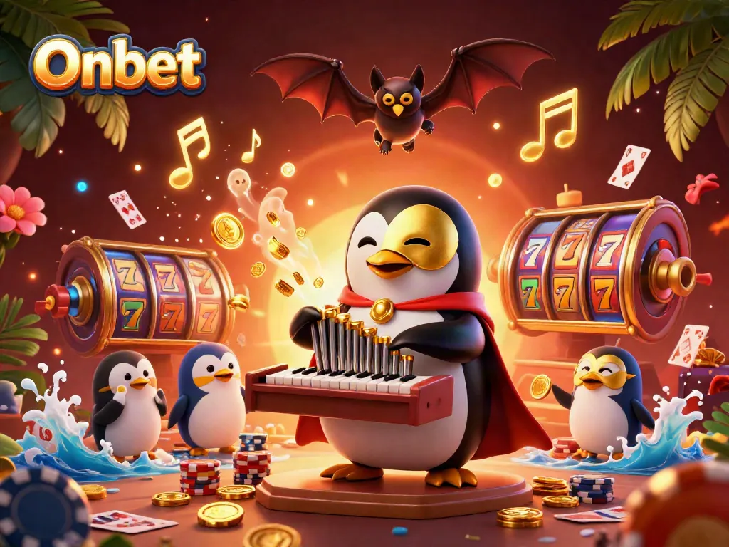 Onbet casino scene with a cartoon penguin playing an organ, surrounded by slot reels and vibrant gambling elements.