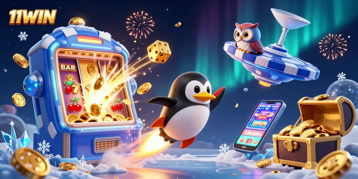 Experience the thrill of 11WIN with a golden penguin taking flight toward a jackpot-filled casino.