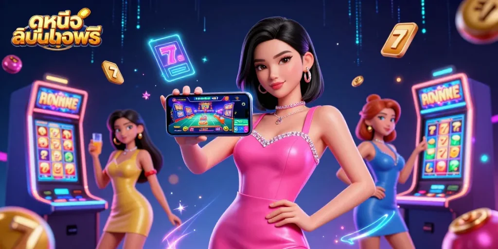 Engage with ดูหนังออนไลน์ฟรี featuring an Asian woman highlighting a live dealer casino game amidst vibrant slot machines.