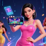 Engage with ดูหนังออนไลน์ฟรี featuring an Asian woman highlighting a live dealer casino game amidst vibrant slot machines.