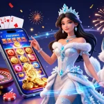 Win big with UFABET in this vibrant casino scene featuring slots, cards, and gold coins.