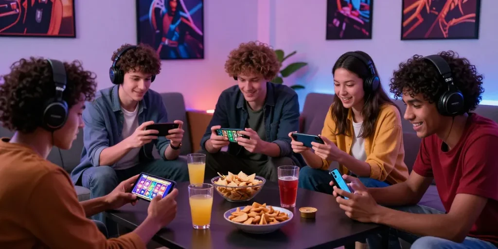 Situs slot deposit 10 ribu gaming scene with friends enjoying mobile slot games in a vibrant living room.