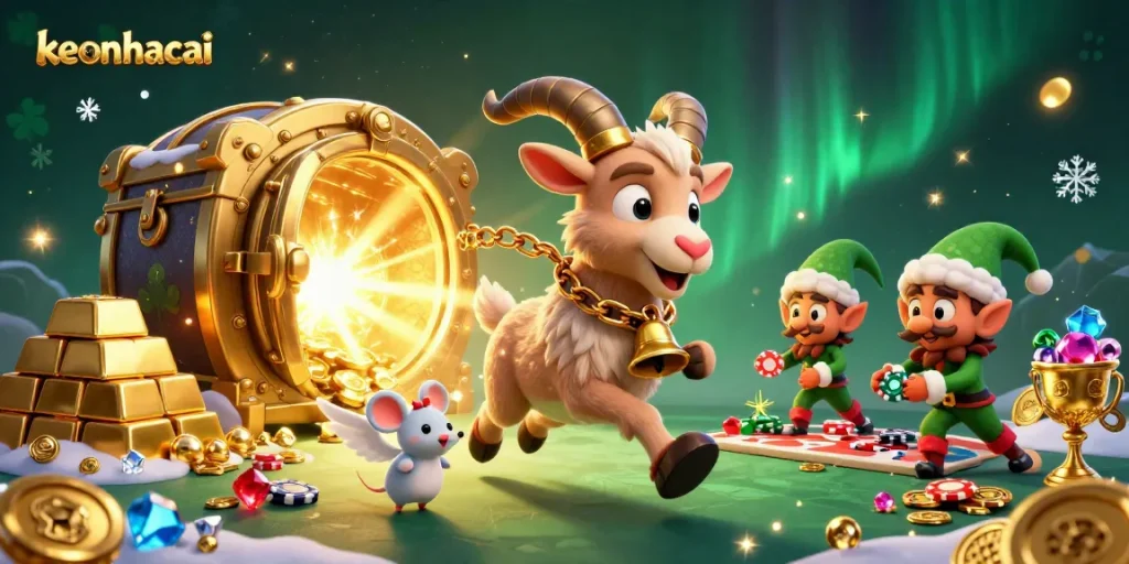 Experience keonhacai's thrilling casino action with a Krampus goat, angel mouse, and mischievous gremlins stealing chips.