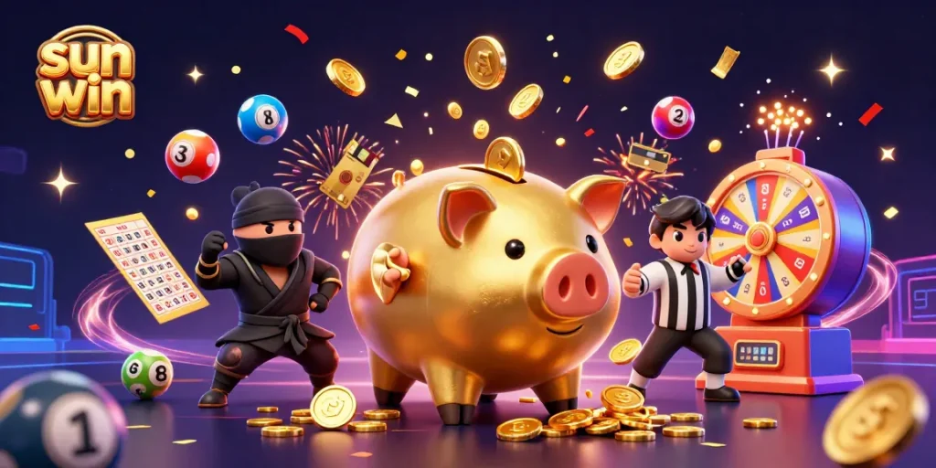 Win big at sun win with energetic golden piggy bank sumo wrestler amidst falling coins and lottery elements.