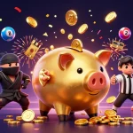 Win big at sun win with energetic golden piggy bank sumo wrestler amidst falling coins and lottery elements.
