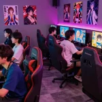 Engaged gamers playing a vibrant game hentai visual novel in a lively cafe.
