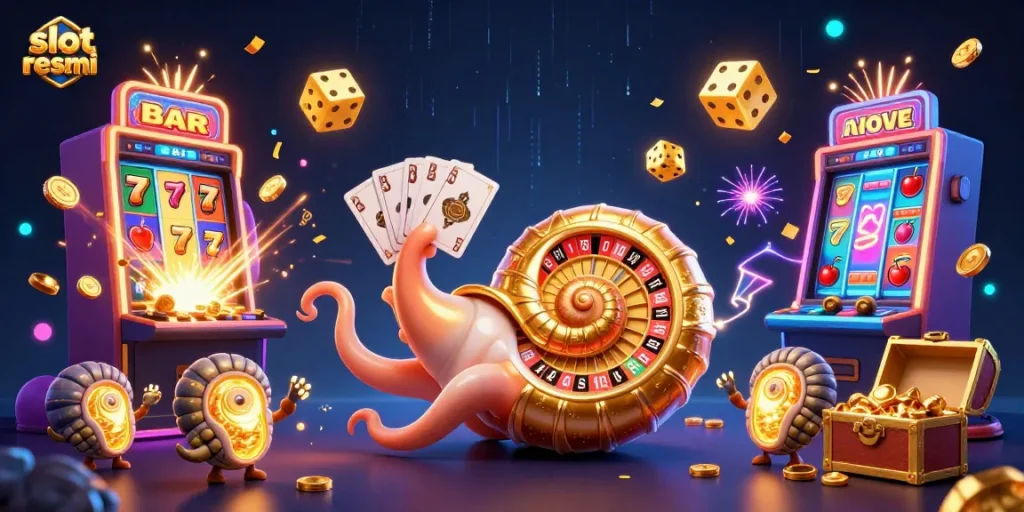 Experience the thrill of slot resmi with a vibrant 3D casino scene featuring a giant nautilus, jackpot elements, and glowing treasures.