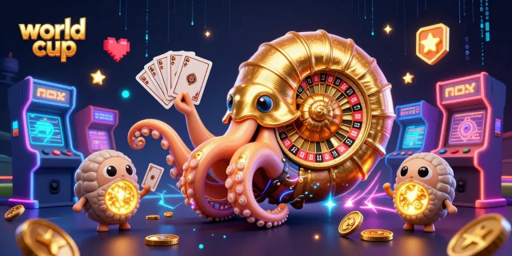 Experience the thrill of the World Cup with a vibrant 3D casino scene featuring a giant nautilus and glowing game elements.