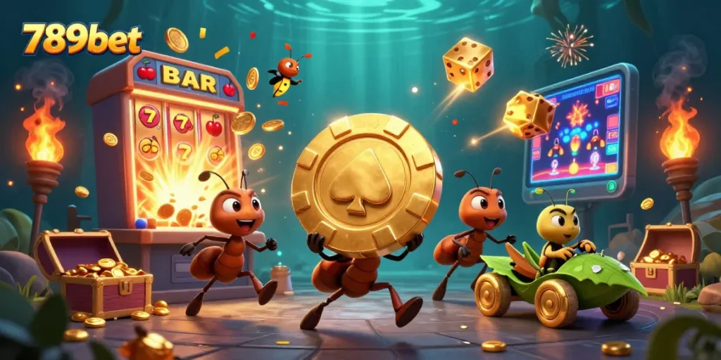 Experience thrilling gambling with a heist-themed 789bet adventure featuring ants and casino riches.