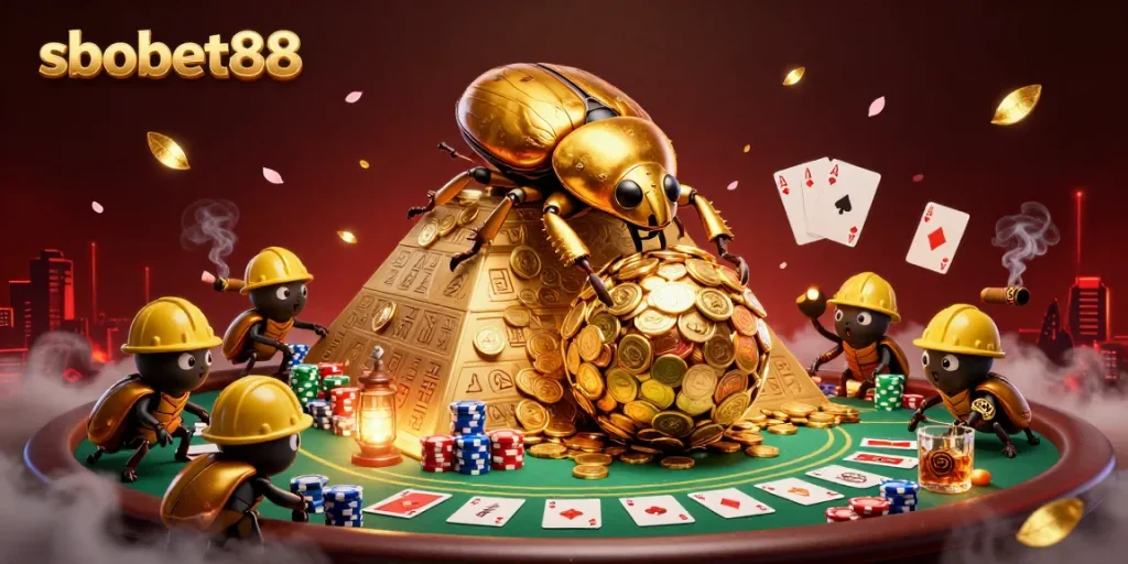 Bet on sbobet88 with a lively scene of golden characters rolling coins up a pyramid.