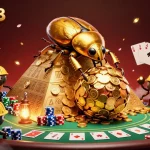 Bet on sbobet88 with a lively scene of golden characters rolling coins up a pyramid.