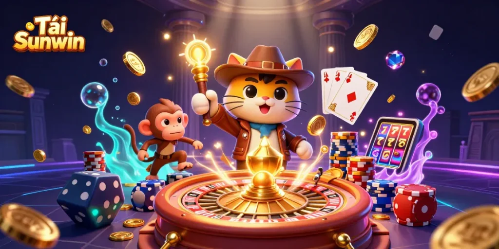 Tải Sunwin thrilling adventure with an explorer cat discovering exciting casino artifacts and treasures.
