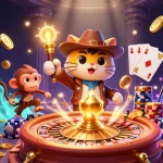 Tải Sunwin thrilling adventure with an explorer cat discovering exciting casino artifacts and treasures.
