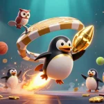 Experience thrilling 188bet adventures with a golden penguin and dynamic sports elements in space.