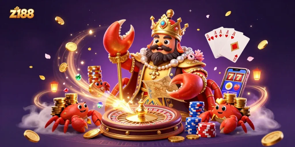 Experience the excitement of z188 casino with a vibrant 3D illustration featuring a golden crab emperor amidst treasures and gaming elements.