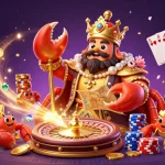 Experience the excitement of z188 casino with a vibrant 3D illustration featuring a golden crab emperor amidst treasures and gaming elements.