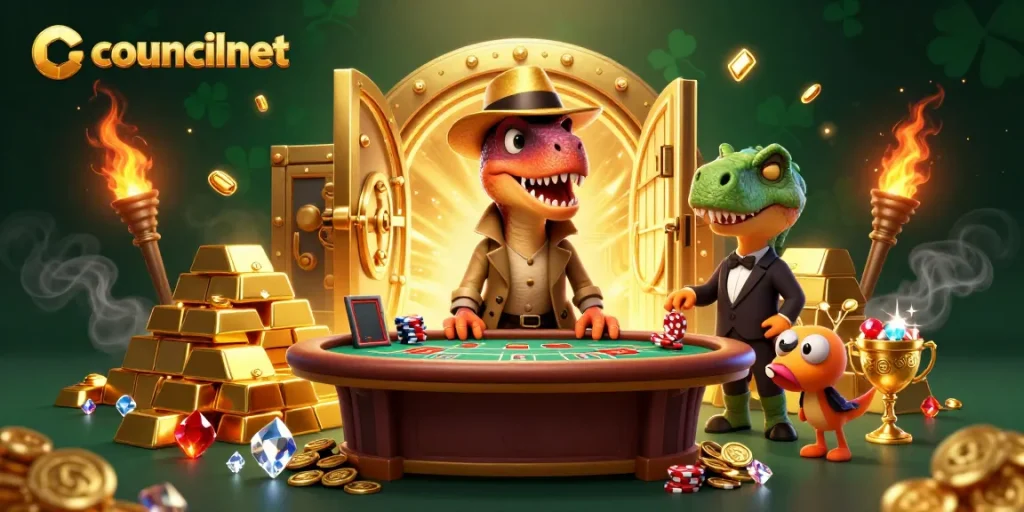 Join the gambling excitement with councilnet as a velociraptor tries his luck at blackjack while being watched by a stegosaurus!
