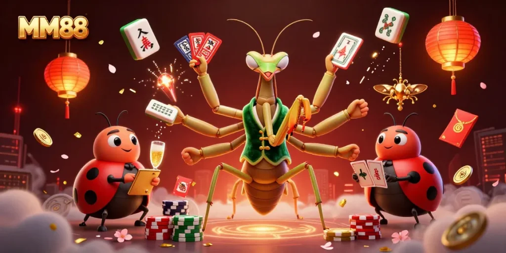 Engage with MM88 in this lively casino scene featuring cartoon characters, 3D mahjong tiles, and festive decor.