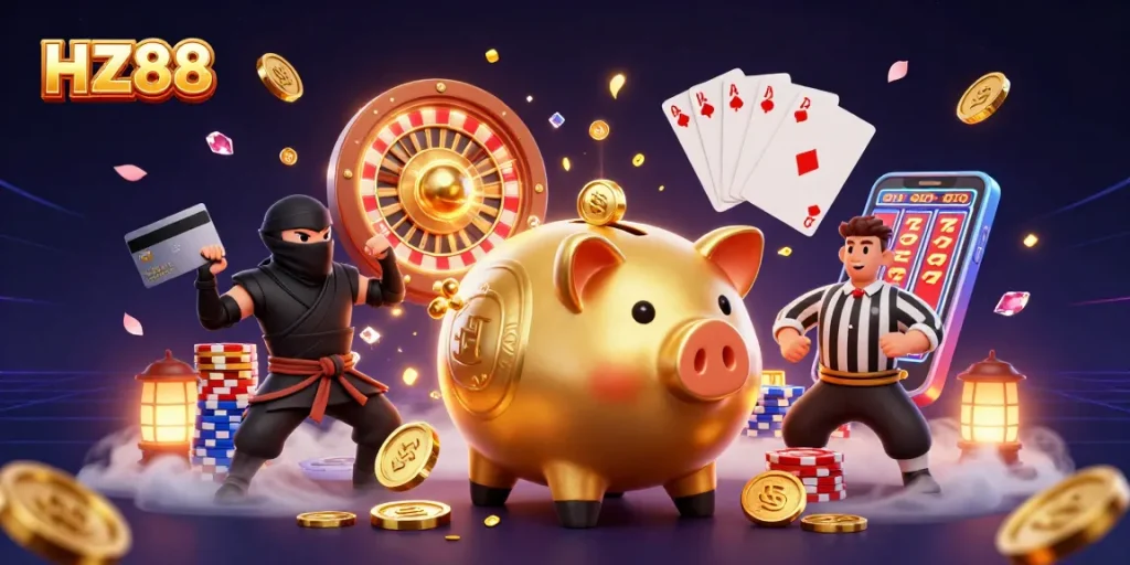 Experience HZ88's vibrant casino action with a golden piggy bank and dynamic game elements.